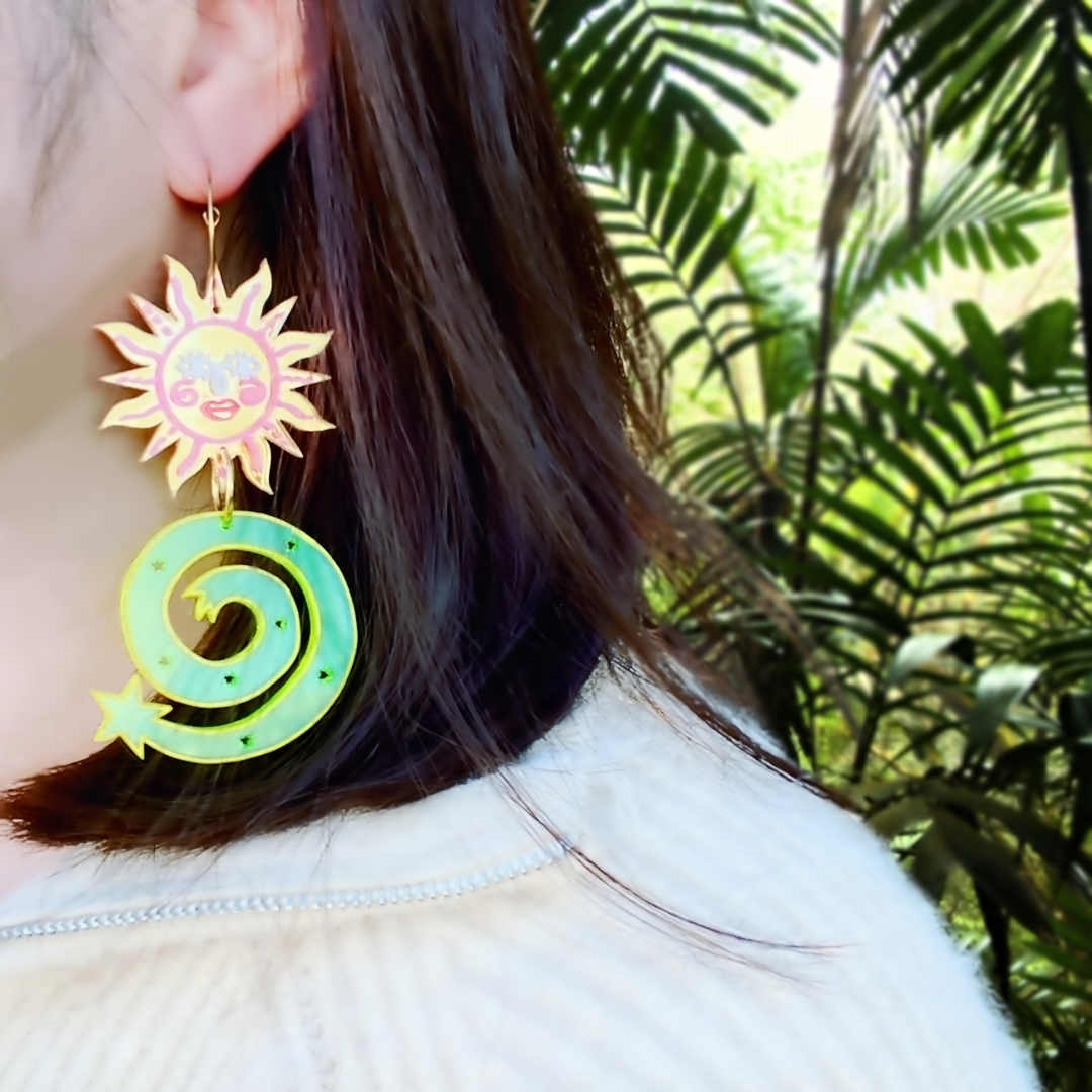 Handmade Ancient Sun and Shooting Star Earrings, Melbourne, 8.8cm x 4.6cm, Gold Marble and Mirror Acrylic, Surgical Steel Hoop, Unique and Elegant, Perfect for Adding Color to Your Outfit, Ideal for Jewelry Enthusiasts, Great Sea Otter Lover's Gift, Melbourne-Made, Care: Avoid Alcohol Wipes, Use Damp Cloth.