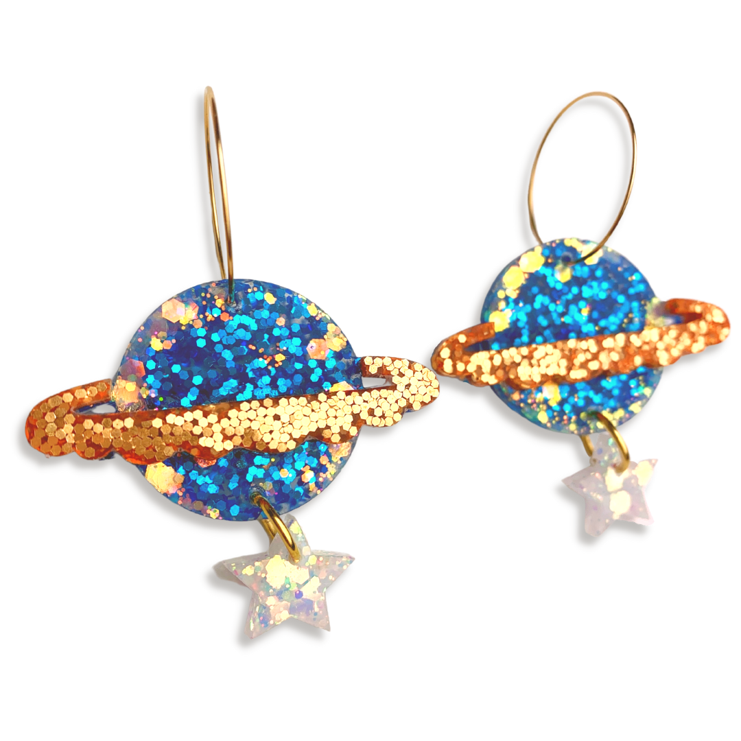 Resin glitter planet earrings blue