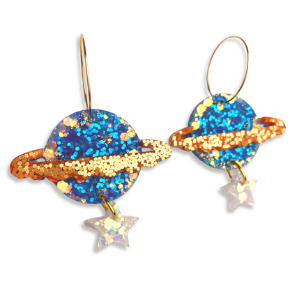 Resin glitter planet earrings blue