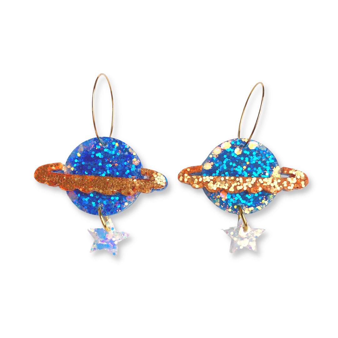 Resin glitter planet earrings blue