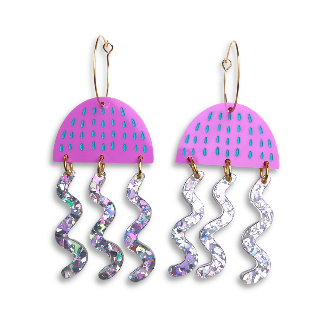 Glitter jellyfish acrylic earrings - Acrylic earrings - Kuppiandbear