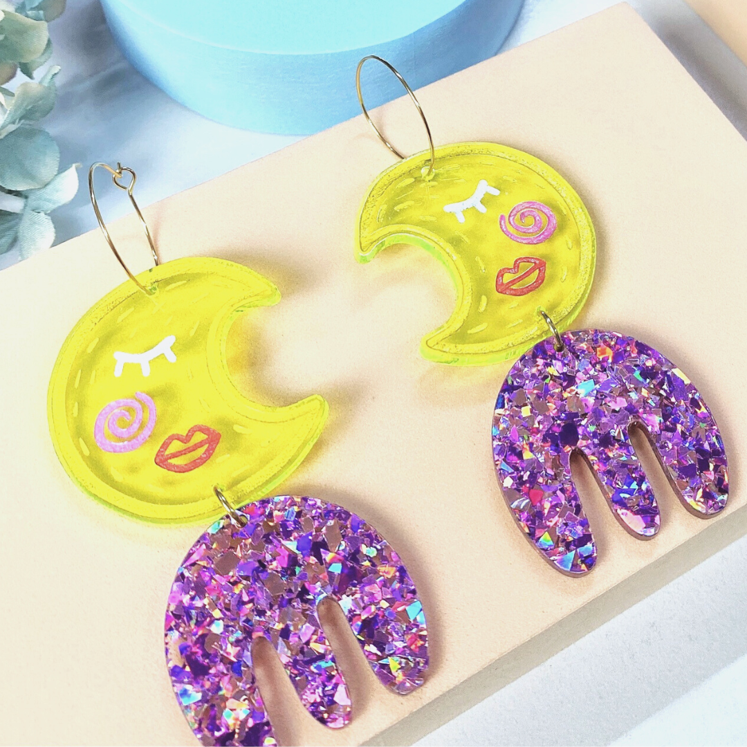 Sleepy moon acrylic earrings (purple)