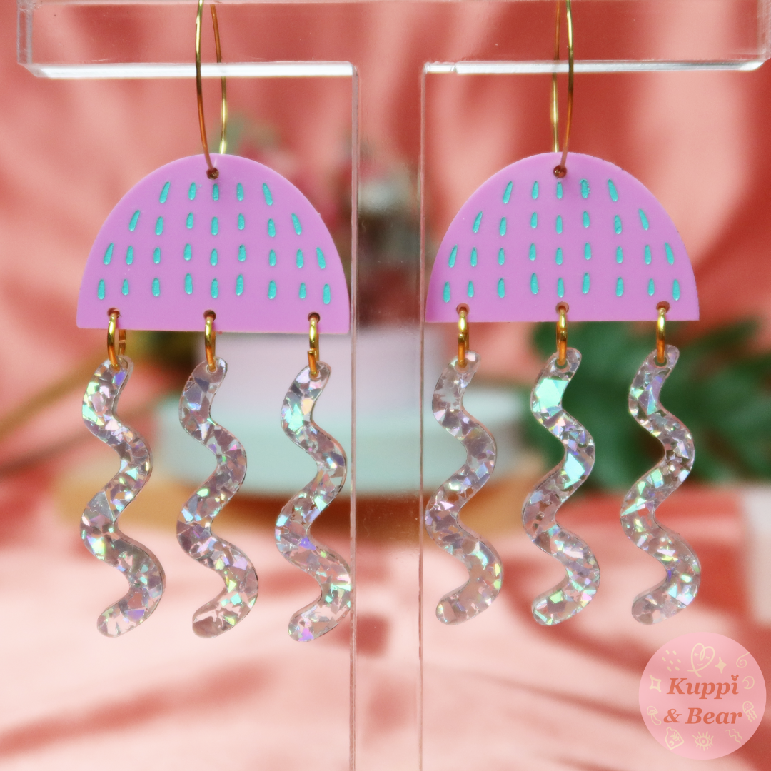 Glitter jellyfish acrylic earrings - Acrylic earrings - Kuppiandbear