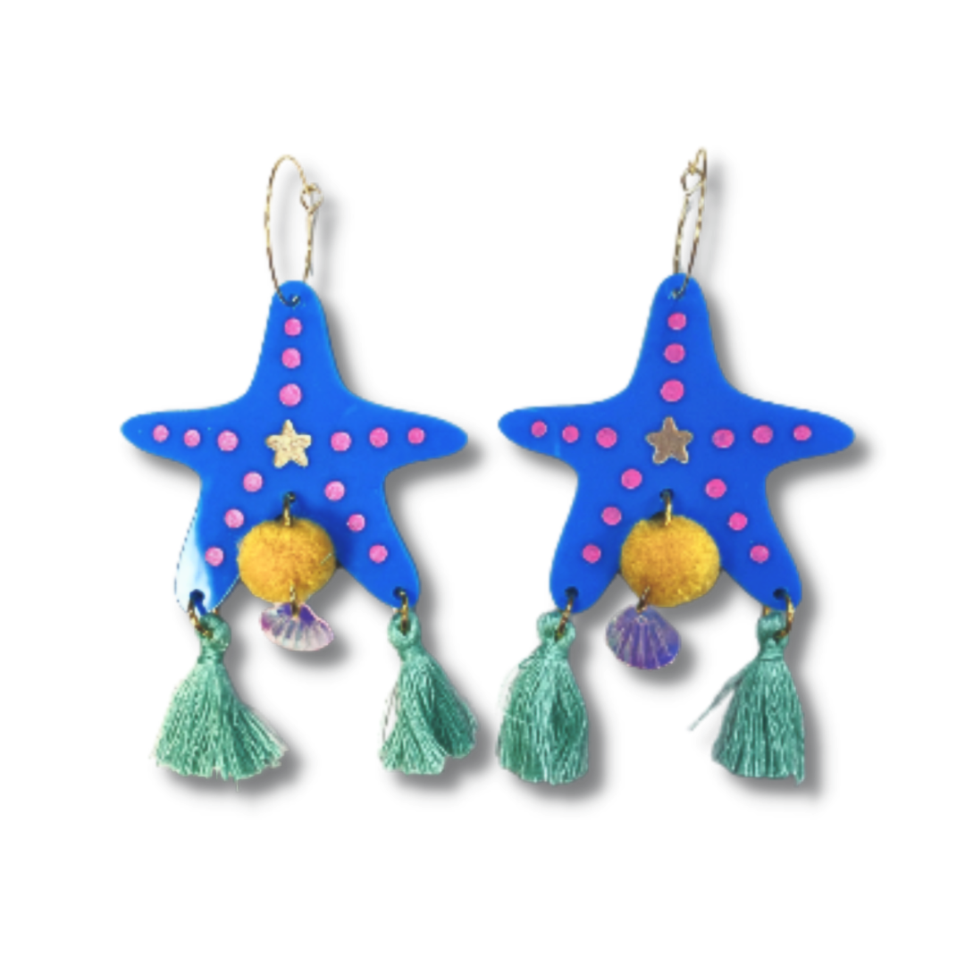 Starfish acrylic hoop earrings with tassels(blue) - Hoop Earrings - Kuppiandbear