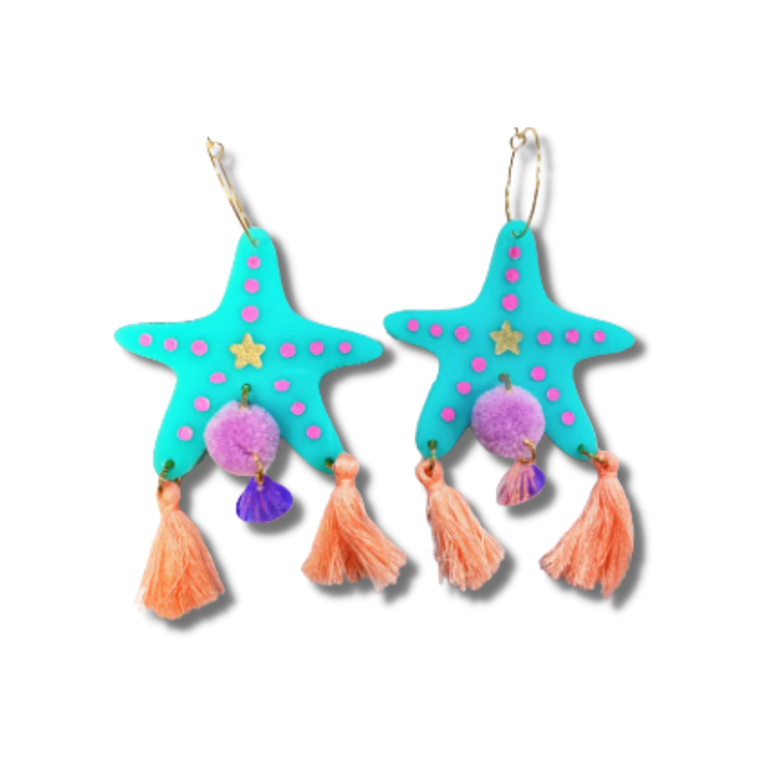 Starfish acrylic hoop earrings with tassels(mint)