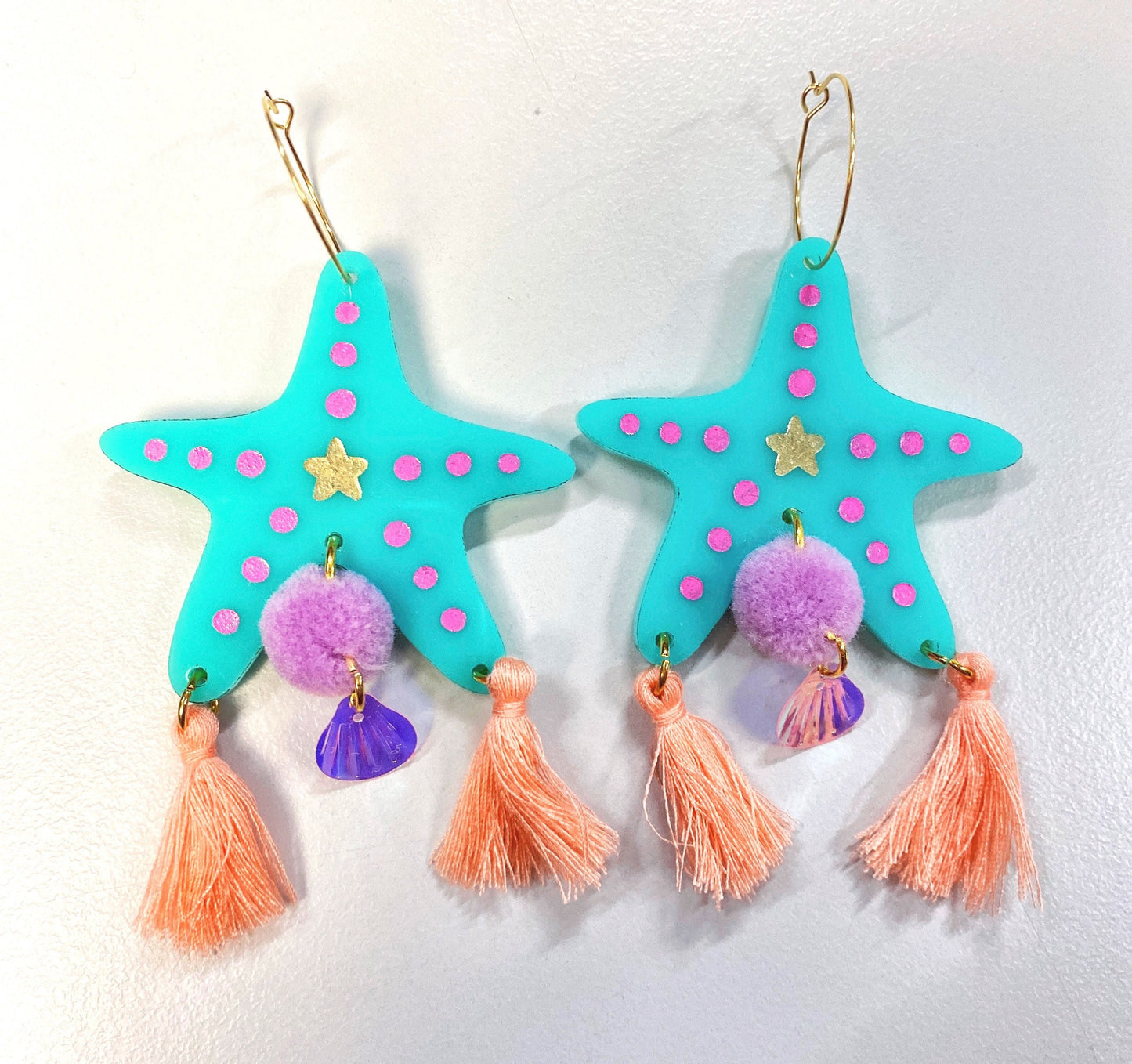 Starfish acrylic hoop earrings with tassels(mint)