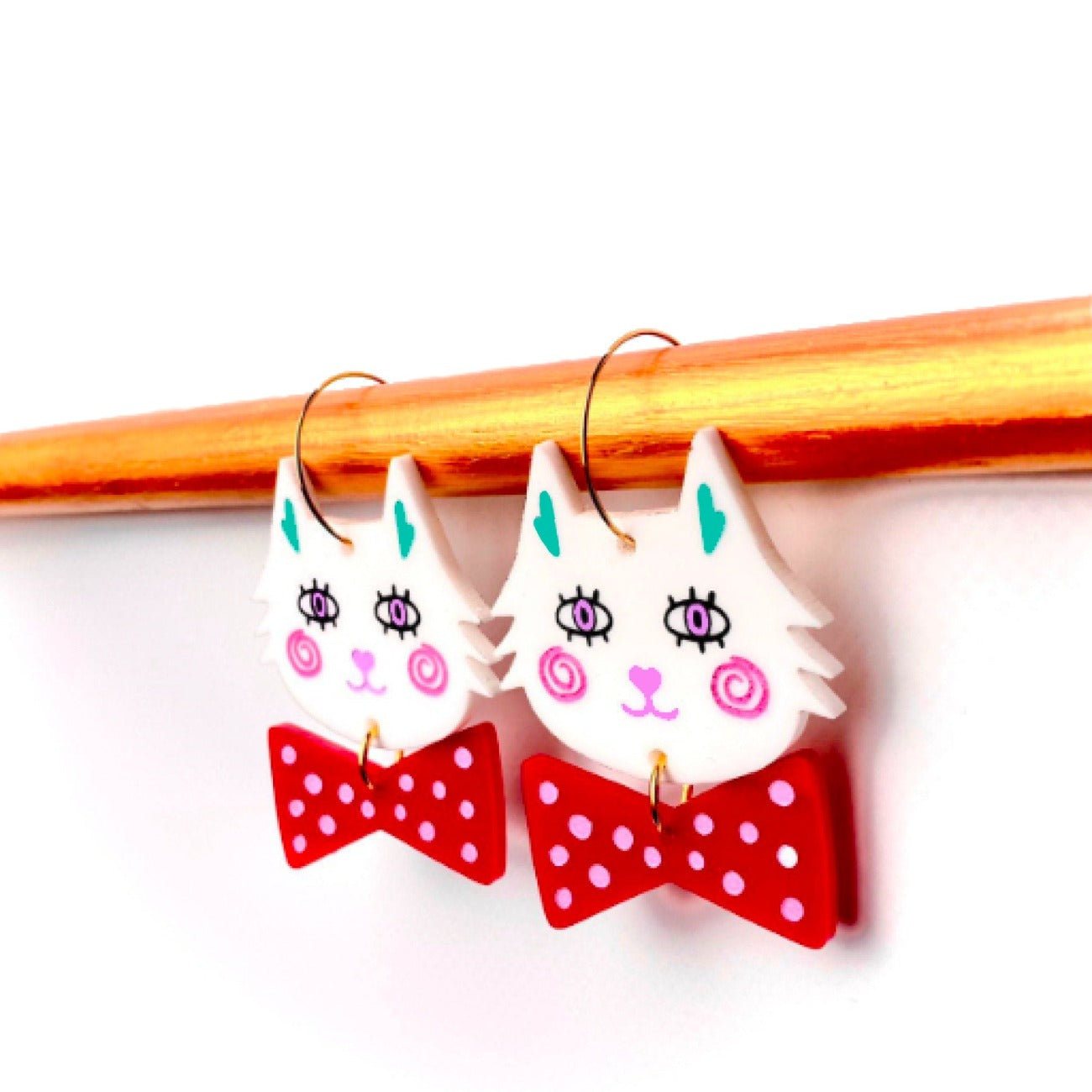 Handcrafted cat with ribbon hoop earrings - Hoop earrings for women