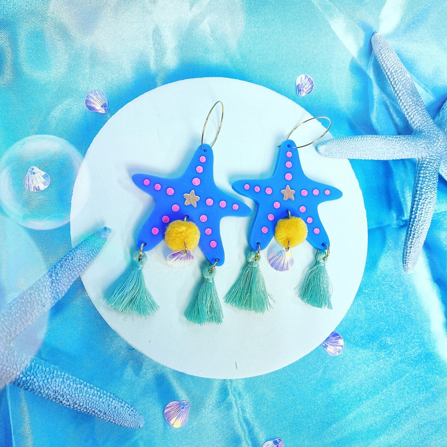 Starfish acrylic hoop earrings with tassels(blue) - Hoop Earrings - Kuppiandbear