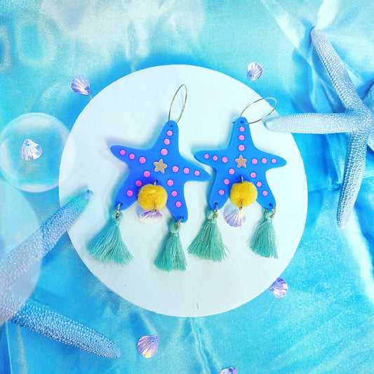 Starfish acrylic hoop earrings with tassels(blue) - Hoop Earrings - Kuppiandbear