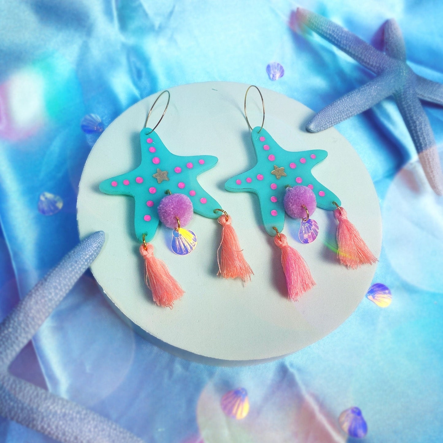 Starfish acrylic hoop earrings with tassels(mint)