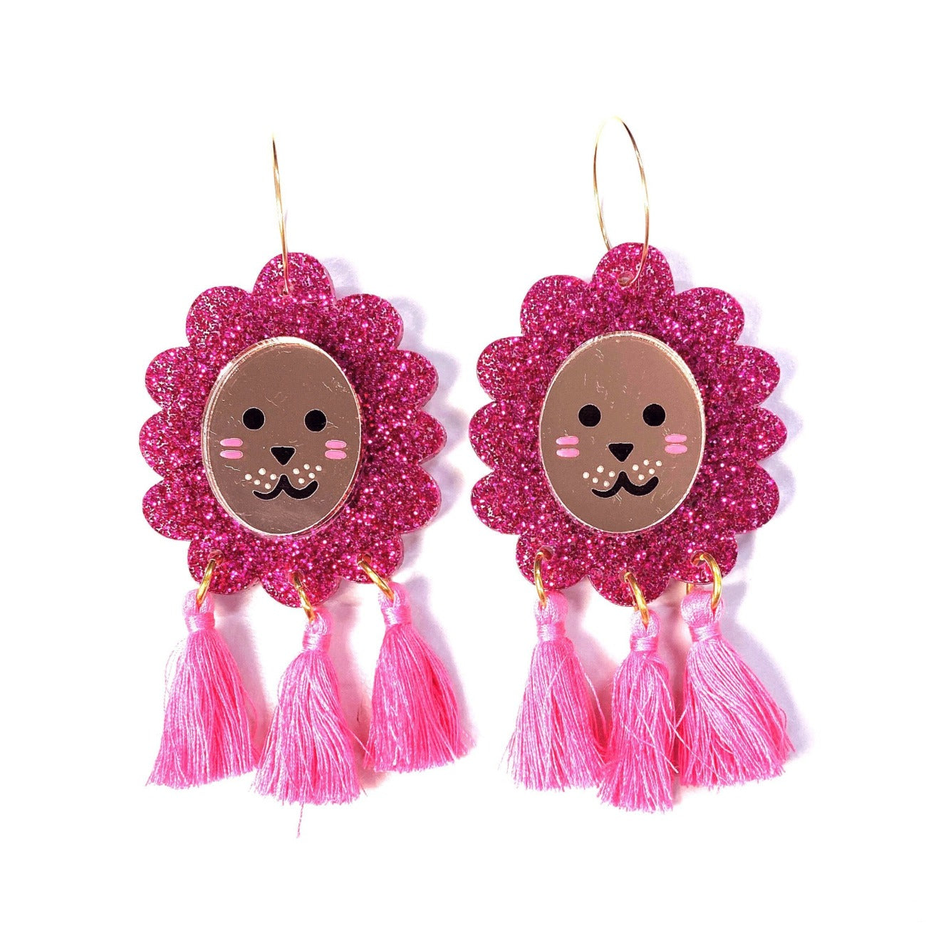 Lion head glitter hoop earrings (pink)- Earrings - Kuppiandbear