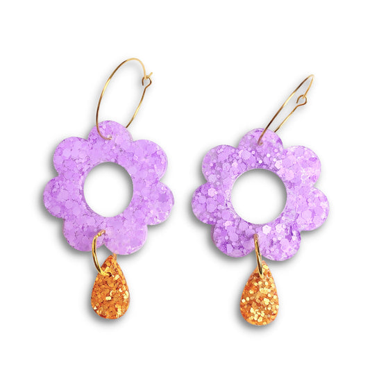 Resin flower drop earrings lavender purple
